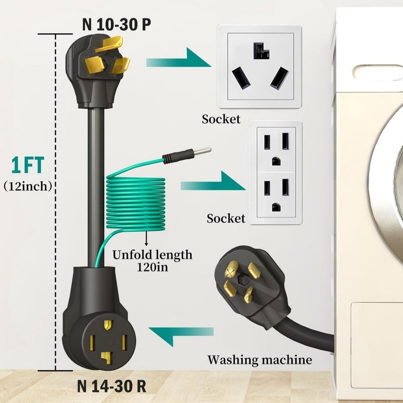 Strightinc 4 Prong to 3 Prong Dryer Plug Adapter with Green Ground Wire, Connects 4-Prong New Dryer Female to 3 Prong Old Dryer Male Receptacle, 10-30P to 14-30R Dryer Adapter - Image 2